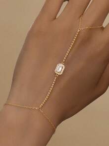 1PC 925 Sterling Silver Dainty Prong Setting Irregular Ring Bracelet Hand Chain For Women Dainty Cubic Zirconia Bracelet And Ring Chain Body Jewelry Daily Wear Wedding Party Engagement Anniversary Valentine's Day - Gold - View 1