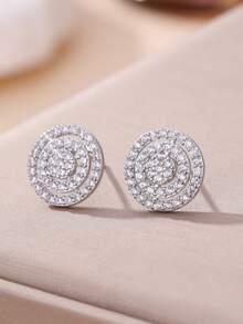 1对简约立方氧化锆圆形耳环礼盒套装，全钻设计，男女皆宜，情侣款，节日生日礼物，日常佩戴 - 圓 - 查看 5