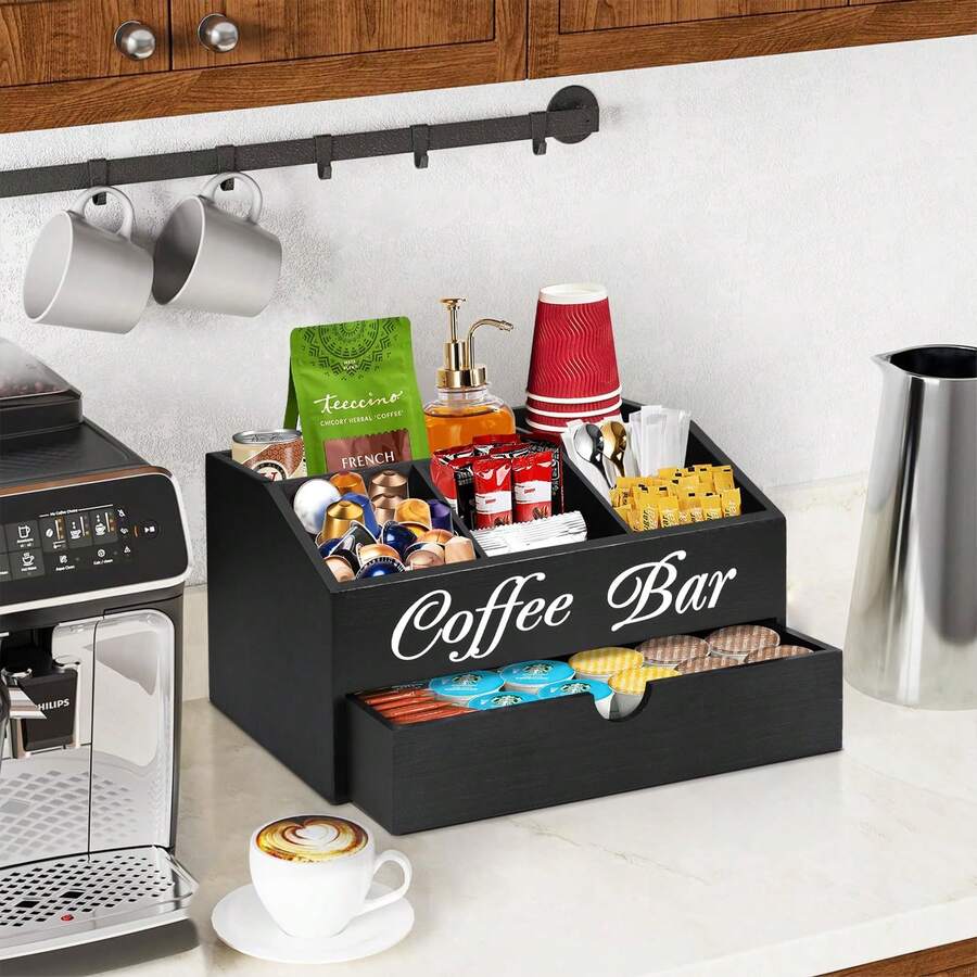 Manovix Farmhouse Wooden Storage Box, Coffee Station Organizer With Drawer, Multi-Layer Countertop Coffee Pod Storage Basket For Coffee Machine, Kitchen Bar Tea Condiment & Accessory Holder, Christmas Housewarming Gift For Coffee & Tea Lovers Back To School