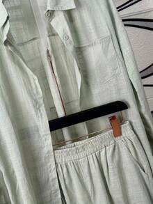 Linen Shirt And Pants Set (2 Pieces), Lined With Elastic. - 薄荷綠 - 查看 2