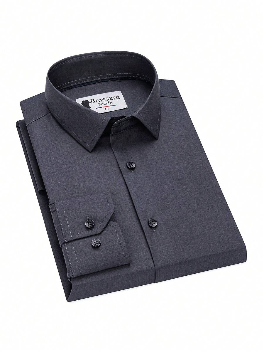 Men's Business Dress Shirts, 38% Bamboo Fiber, 62% Polyamide, Long-Sleeved, No-Iron, With A Slim Fit. Bamboo Fiber: Offers Good Moisture Absorption And Breathability, Is Comfortable To Wear And Naturally Antibacterial. It Is Wear-Resistant And Firm, Making The Shirt Less Prone To Deformation. - 深灰色 - 查看 1