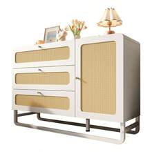 White Rattan Chest Of Drawers With Gold Handles, Country Style, With 3 Drawers And 1 Door, Height-Adjustable Shelves And Anti-Tip Device, 120x85x40 Cm (W/H/D)