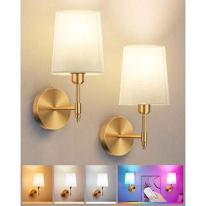 2 Sets Battery Powered Wall Lights, 2pcs Gold Rechargeable Wall Lamps With Magnetic Detachable And Remote Control Bulbs, 12 RGB Colors And 3 Color Temperatures, Dimmable Wireless Wall Lights For Bedroom