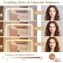 Tocador Hetoy con espejo iluminado y regleta de enchufes, mesa de maquillaje plegable con iluminación ajustable, cajones y taburete acolchado, juego de tocador y taburete para dormitorio - Blanco - Ver 6
