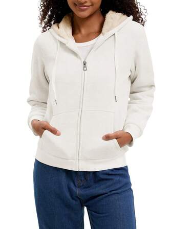 Speed mate Chaqueta con capucha gruesa blanca para mujer, con forro de sherpa cálido, con bolsillos, adecuada para clima frío, abrigo casual con cremallera para exteriores para invierno