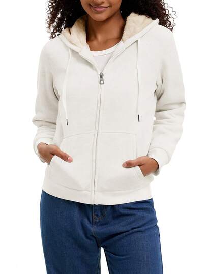 Speed mate Women's Thick White Hooded Jacket, Warm Sherpa Lining, With Pockets, Suitable For Cold Weather, Outdoor Casual Zip-Up Coat For Winter