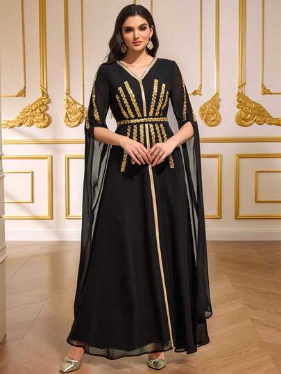 斋月庆典特别款黑色金亮片V领系腰雪纺连衣裙，独特垂褶袖设计，适合特殊场合和节日演出。