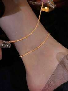 2 piezas de tobilleras de doble capa en tono plateado brillante para mujeres - Dorado - Ver 4