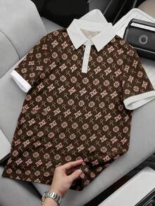 WAIT HIM Men's Casual All-Over Print Contrast Trim Short Sleeve Polo Shirt - Brown - View 2