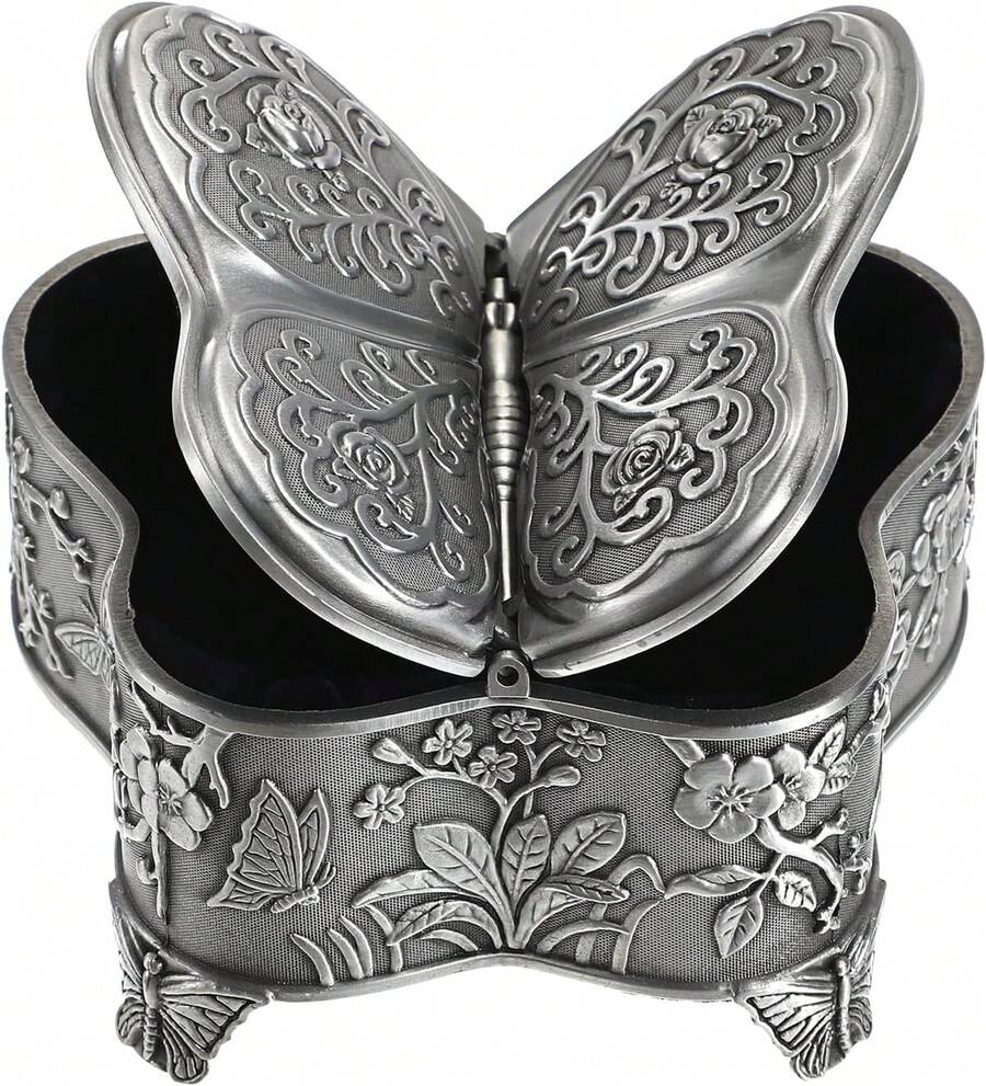 Butterfly Design Metal Jewelry Box, Vintage Trinket Storage Chest, Ring Earrings Necklace Organizer, Large Decorative Box - Bạc - Xem 1
