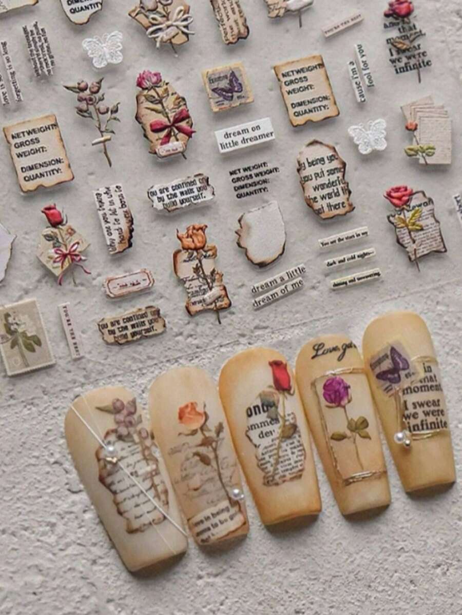 Pegatinas de uñas 3D estilo póster de periódico vintage - Autoadhesivas, pegatinas decorativas de arte de uñas adecuadas para mujeres y niñas, perfectas para el cuidado de las uñas DIY en casa o en un salón. Accesorios para uñas. - Marrón - Ver 1
