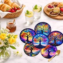 6pcs Life Tree Pattern Coaster Set, Tea Cup Mats, Water Cup Mats, Wine Glass Mats, Coffee Cup Mats, Round Absorbent Silica Gel Coasters, Home Decor, Party & Tableware Gift Set, Suitable For All Seasons - Multicolor - View 3