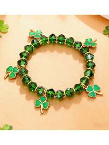 2pcs St. Patrick's Day Irish Festival Green Four-Leaf Clover Lucky Bracelet - Fresh And Cute Green Bracelet Suitable For Party Or Daily Wear - Unisex - Green - View 3