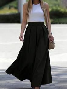 Falda de corte A de unicolor de cintura alta para looks de mujer - Negro - Ver 7