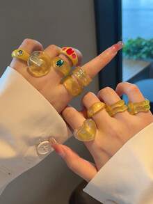 女款時尚個性戒指組，多色多款可選，熱銷多彩透明粉色橘色紫色藍色綠色黃色深紅色米色棕色玫瑰紅彩色寬面心形水鑽大戒指，3/4/5/6/7/8/9/10/11/12件組 - 彩色 - 查看 21