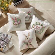 4个单面印花复活节粉色郁金香、复活节彩蛋、兔子图案枕套，尺寸分别为17.7*17.7英寸（45*45厘米）、19.69*19.69英寸（50*50厘米）和15.75*15.75英寸（40*40厘米），适用于日常使用、家居装饰、客厅沙发、卧室、汽车等场所。[不含枕芯] - 彩色 - 查看 10