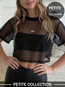 女士黑色纯色休闲简约露脐薄纱罩衫，适合日常外出、度假、音乐节及其他场合。