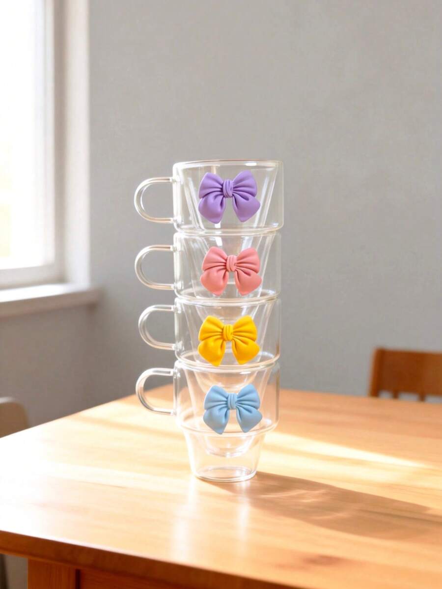 1pc/4pcs 180ml Double-Layer Glass Cup With Handle, Handmade, Thick Glass, Bow Decor, Stackable, Insulated, Suitable For Espresso, Cappuccino, Tea And Hot/Cold Drinks, Unique Valentine's Day And Birthday Gift - Multicolor - View 1
