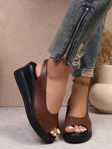 女士坡跟凉鞋，2026春夏新款，露趾，黑色，系带，休闲，度假，日常穿着，中老年女士 - 棕色 - 查看 5