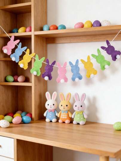 1Pc Colorful Easter Bunny Felt Garland Banner With Pom Pom Tails, Reusable Banner Decorations Easter Bunny Banner Decorations For Home, Multicolor Felt Rabbit Garland, For Spring Party, Home Mantle Decor, Birthday Celebration Supplies, Hanging Ornaments For Spring Festival Holiday Wall Decor