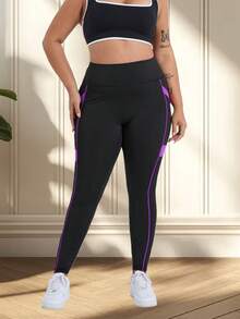 Pantalones de yoga de cintura alta para mujer de talla grande, diseño de color contrastante, bolsillos laterales, mallas ajustadas para correr, entrenamiento, deportes casuales negros de primavera - Negro - Ver 7