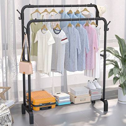 Heavy Duty Metal Double Rail Clothes Garment Hanging Rack Shelf Display Stand,Heavy-Duty Double-Bar Clothes Rack - Heavy-Duty Metal Clothes Rack, Suitable For The Bedroom. This Metal Clothes Rack Features Adjustable Double-Layer Storage Space For Coats, Dresses, And Accessories - A Multi-Functional Freestanding Storage Rack.