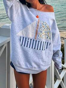 1pcs 3d Pattern Patch Off-Shoulder Long-Sleeved Sweatshirt, Sailboat Pattern, Frayed Edge One-Shoulder Pullover, Spring SummerNew Style, Women's Clothing - Grey - View 4