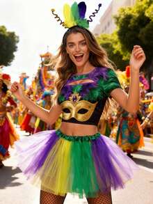 亮片羽毛装饰的狂欢节服装，三色设计，适合狂欢节派对和化装舞会。 - 彩色 - 查看 4