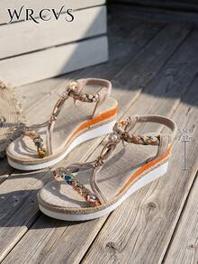WRCVS Beige Women's Sandals, Random Woven Pattern Bohemian Style Wedge, Summer Platform Thick Bottom, Shoes, Holiday, Boho - Beige - View 6