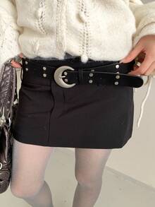 1pc Women's Black PU Leather Moon Buckle Rivet Waist Belt, Versatile - Black - View 2