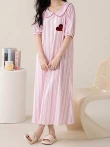 AICJ 1 st. söt, sexig, tecknad film med hjärt- och bokstavstryck, randig rosa lång nattlinne, Peter Pan-krage, lyktaärm, pyjamas, loungewear - Rosa - Visa 6