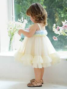 女婴蝴蝶结网眼公主派对礼服，适合儿童生日、花童、婚礼、庆典、派对、节日庆典 - 杏色 - 查看 3