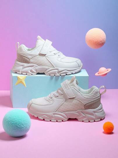 1双儿童低帮厚底运动鞋，校园学生鞋，轻便透气，可调节，易于穿脱，纯色