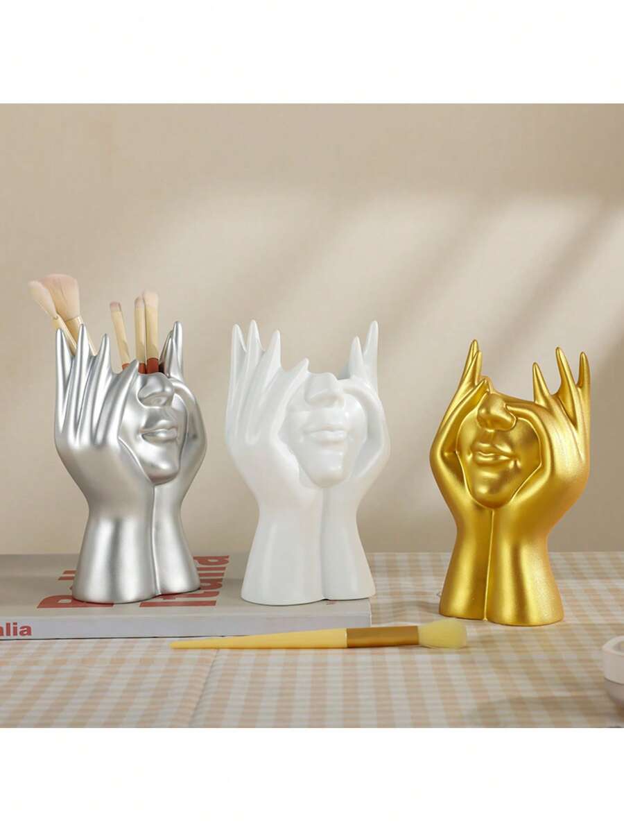 现代艺术女性脸部花瓶，白色储物瓶装饰，当代艺术装饰储物瓶摆件，适合简约风格的桌面、客厅、办公室、卧室等空间，现代家居装饰，摆件，可收纳化妆品、化妆刷，桌面装饰，母亲节礼物，毕业礼物，婚礼装饰，化妆间装饰 - 彩色 - 查看 1