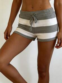 Women's Knitted Shorts, Striped Pattern, Elastic Drawstring Waistband, Slim Fit, Contrasting Color Mini Shorts, Y2K Bohemian Style Sweater Shorts. - Light Grey - View 1