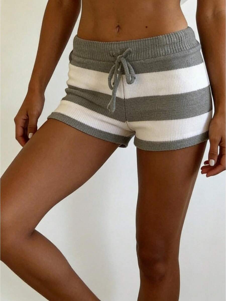 Women's Knitted Shorts, Striped Pattern, Elastic Drawstring Waistband, Slim Fit, Contrasting Color Mini Shorts, Y2K Bohemian Style Sweater Shorts. - Light Grey - View 1