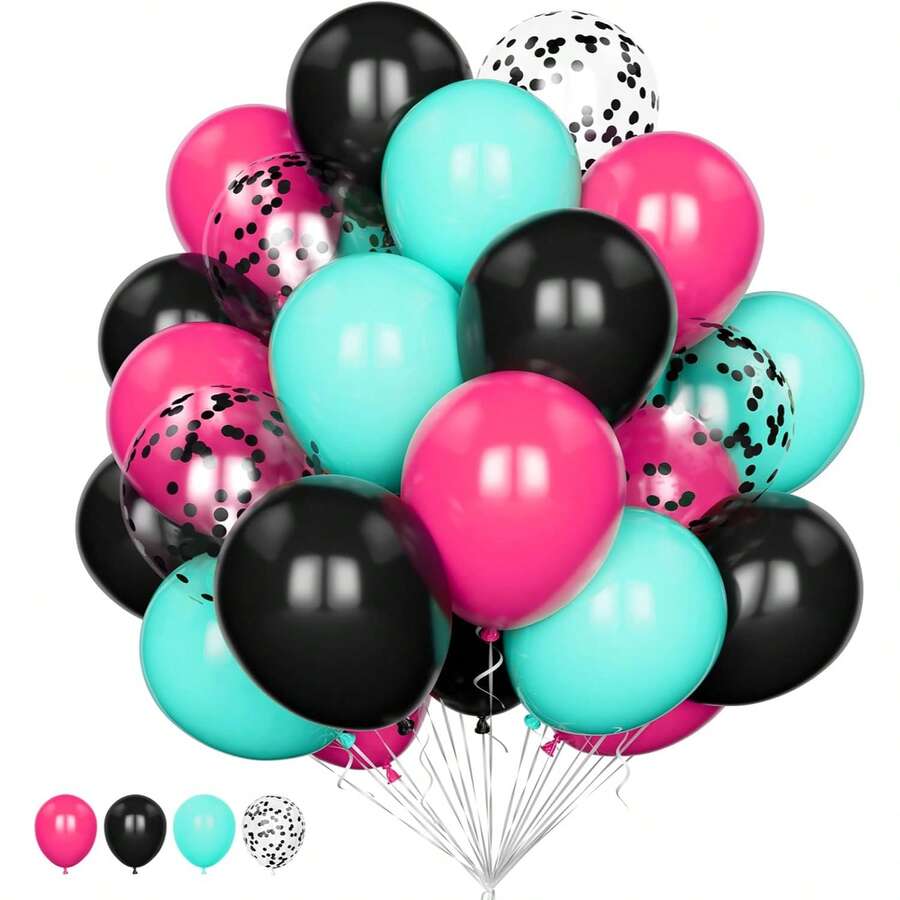 20pcs Metallic Powder Pink, Turquoise Blue, Glitter Blue Latex Balloons, Suitable For 80s 90s Disco Karaoke Birthday Party - Multicolor - View 1