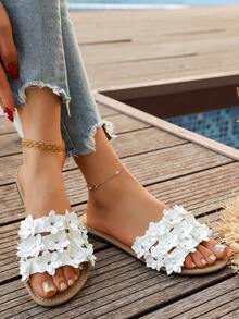 Women's Flat Sandals, Versatile Floral Beach Casual Slip-On Low Heel Round Toe Shoes, Spring/Summer - White - View 2