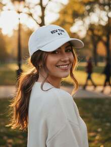 New York NY Premium Curved Brim Cap With Adjustable Strap, Men's, Women's, Casual, Unisex Polyester Embroidered Hat - trắng - Xem 2