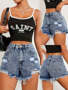 Shorts vaqueros de mujer con dobladillo deshilachado y agujeros rasgados, cierre de botón versátil de moda, jeans ajustados sin estiramiento, casuales - Azul - Ver 1