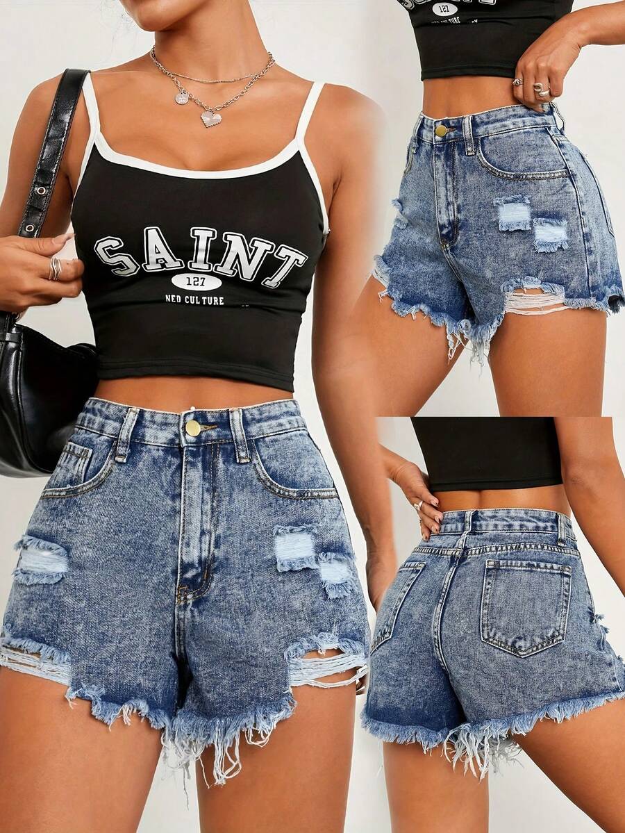 Shorts vaqueros de mujer con dobladillo deshilachado y agujeros rasgados, cierre de botón versátil de moda, jeans ajustados sin estiramiento, casuales - Azul - Ver 1