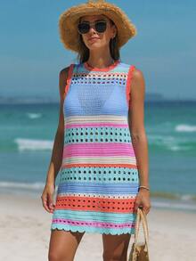 popvil Áo khoác ngoài đi biển không tay phối màu dành cho nữ, chất liệu móc len. - Nhiều màu - Xem 4