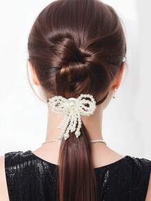 1对女童珍珠蝴蝶结发夹，带流苏装饰，适合乡村度假、婚礼季花童服装搭配 - 白色 - 查看 6