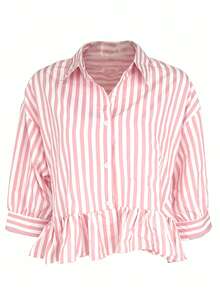 Women's Striped Shirt, Casual Vacation Front Button Loose Blouse, Spring/Summer - Pink - View 3