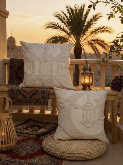 1个月亮图案白色抱枕套，营造斋月节日氛围，波西米亚风格，毛绒刺绣流苏工艺，适用于客厅、卧室、沙发装饰，日常休闲，四季皆宜，不含枕芯，45*45厘米