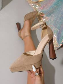 女士优雅性感时尚厚底方头绑带粗跟派对假日百搭超高跟鞋 - 杏色 - 查看 1