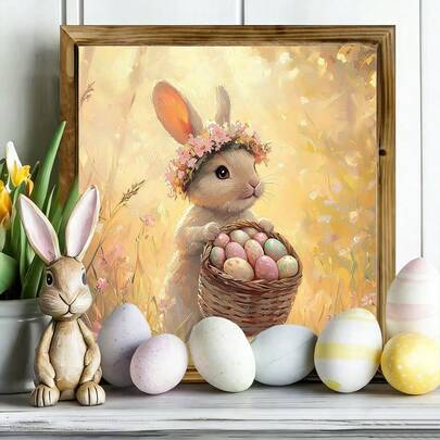 1PC Easter Bunny Canvas Poster. Cute Flower Wreath Rabbit Easter Egg. Rural Style Spring Decoration. Create An Interesting Atmosphere. Rural Spring Pastoral Style Painting. Wooden Frame Sign. Easter Mural. Home Furnishing Decoration! Room Decoration Aesthetics, Optional Frame.