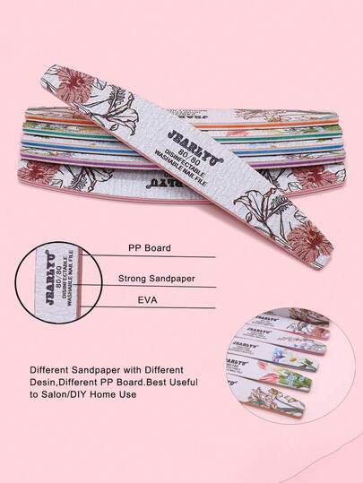 JEARLYU 3/5/10/25pcs Premium Professional Nail Files, Colorful Printed Half-Moon Nail Buffers, Double-Sided Gray Sandpaper Nail Polishing Sticks, Washable Nail Care Sanding Blocks