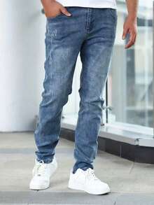 Men's Classic Medium Thick Denim Blue Stretch Jeans - Medium Wash - View 5