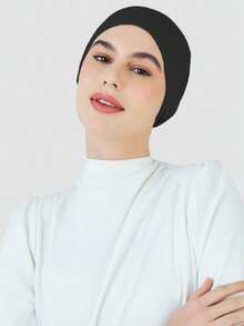 1pc Women Hijab Elastic Anti-Slip Sweat-Absorbing Wide-Brimmed Turban Cap, Perfect For Sports, Under Cap,Hair Styling And Daily Wear Abaya Accessories Women Veil - 黑色 - 查看 5